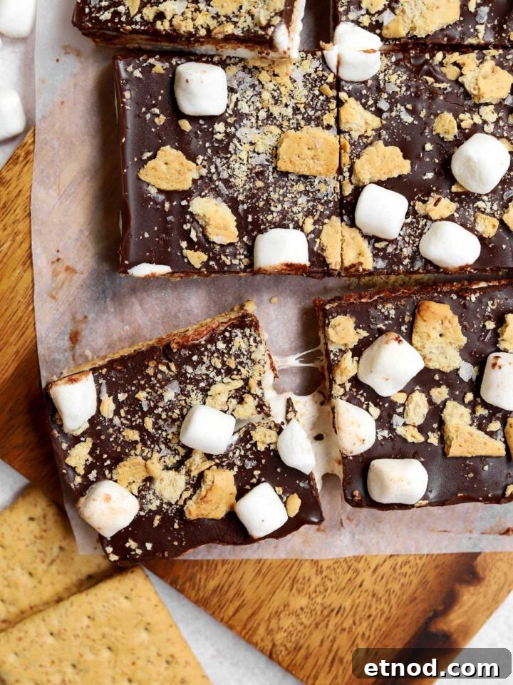 Gooey S'mores Bark Recipe for Dessert Lovers 3 close up of s'mores bark sliced into squares on cutting board