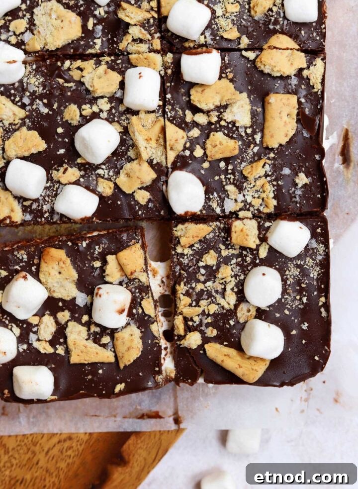 Gooey S'mores Bark Recipe for Dessert Lovers 8 close up of s'mores bark sliced into squares on cutting board