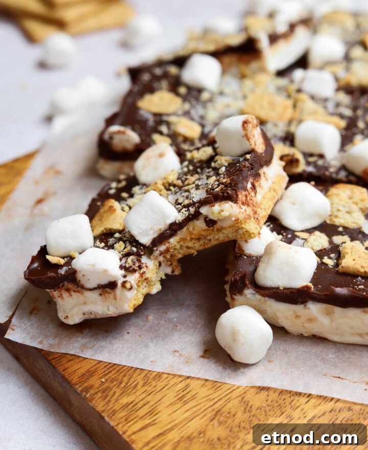 Gooey S'mores Bark Recipe for Dessert Lovers 10 s'mores bark sliced on cutting board with bite