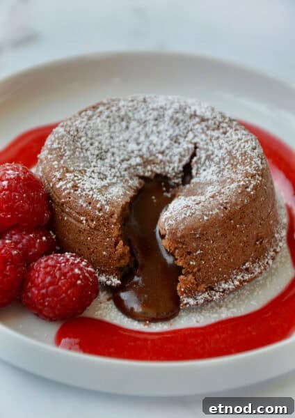 Decadent Chocolate Loaf Cake Recipe for Moist, Rich Results 13 A chocolate lava cake with a molten chocolate center oozing out onto a dessert plate. The lava cake is topped with powdered sugar and garnished with fresh raspberries and a raspberry sauce.