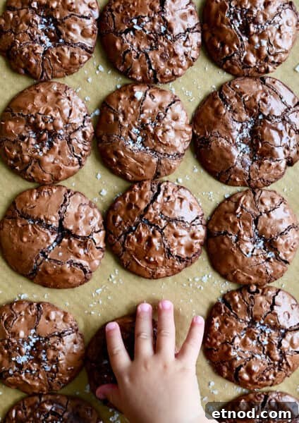 Decadent Chocolate Loaf Cake Recipe for Moist, Rich Results 15 A child's hand reaches for a flourless cookie with chocolate chips topped with large-flake sea salt