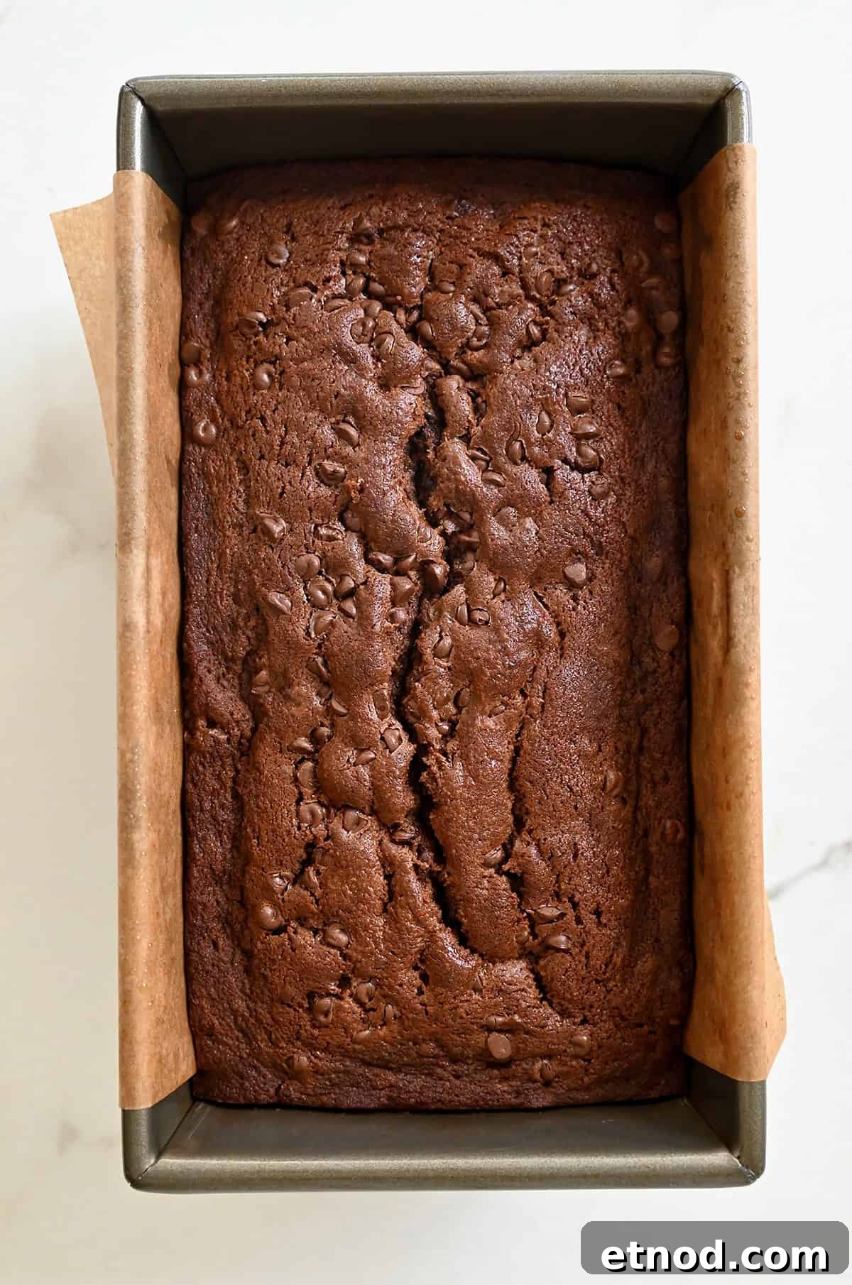 Decadent Chocolate Loaf Cake Recipe for Moist, Rich Results 10 Freshly baked chocolate loaf cake in a bread pan.