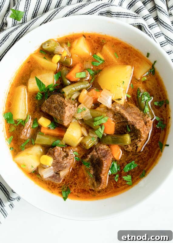 Instant Pot Beef and Vegetable Soup Recipe 2 vegetables in beef in a soup in white bowls