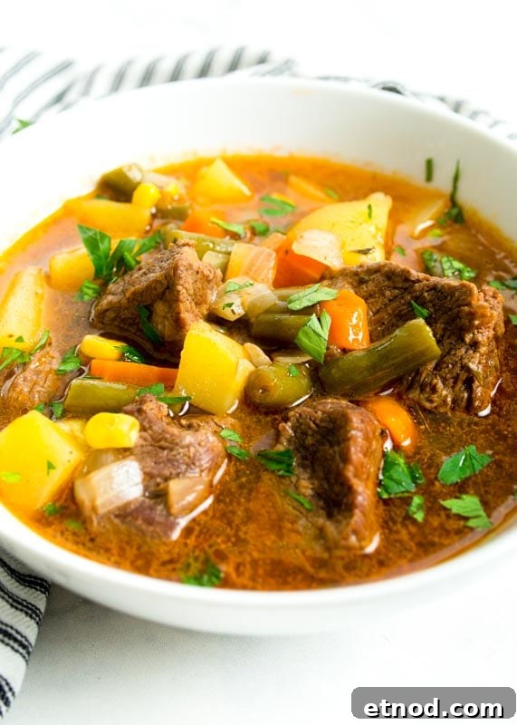 Instant Pot Beef and Vegetable Soup Recipe 7 vegetable beef soup in white bowl