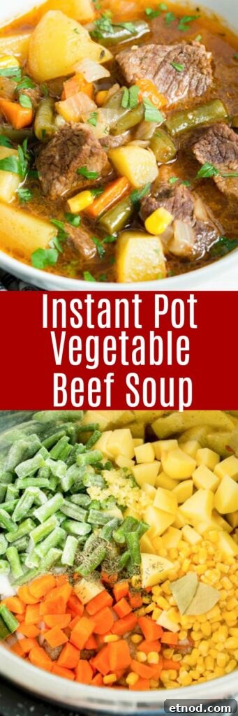 Instant Pot Beef and Vegetable Soup Recipe 8 collage of ingredients and finished bowl of vegetable beef soup