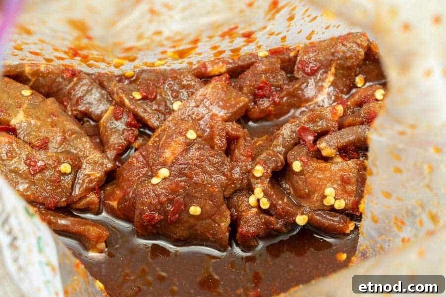 Cherry Bomb Beef Jerky: Spicy-Sweet Gourmet Snack 8 Jerky marinating in bag