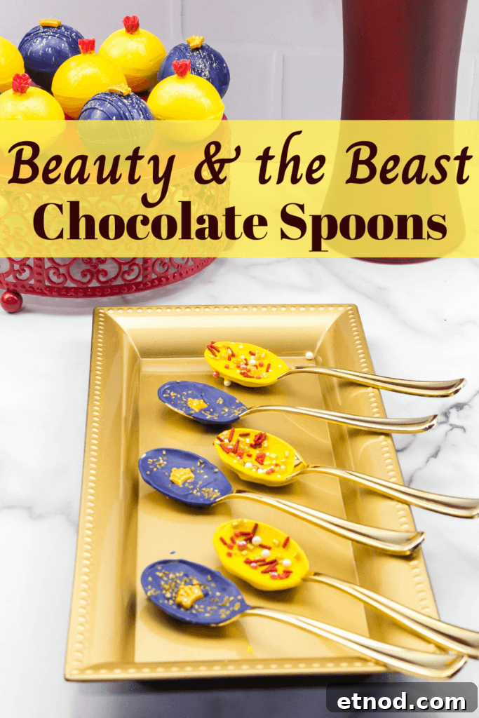 Disney's Beauty and the Beast Chocolate Spoons: Step-by-Step Guide 2 title image with a red basket holding the hot cocoa bombs with a center gold platter holding the Disney inspired Beauty & the Beast Chocolate Spoons