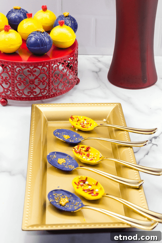 Disney's Beauty and the Beast Chocolate Spoons: Step-by-Step Guide 5 The finished Disney Inspired Beauty & the Beast Chocolate Spoons on a gold platter.