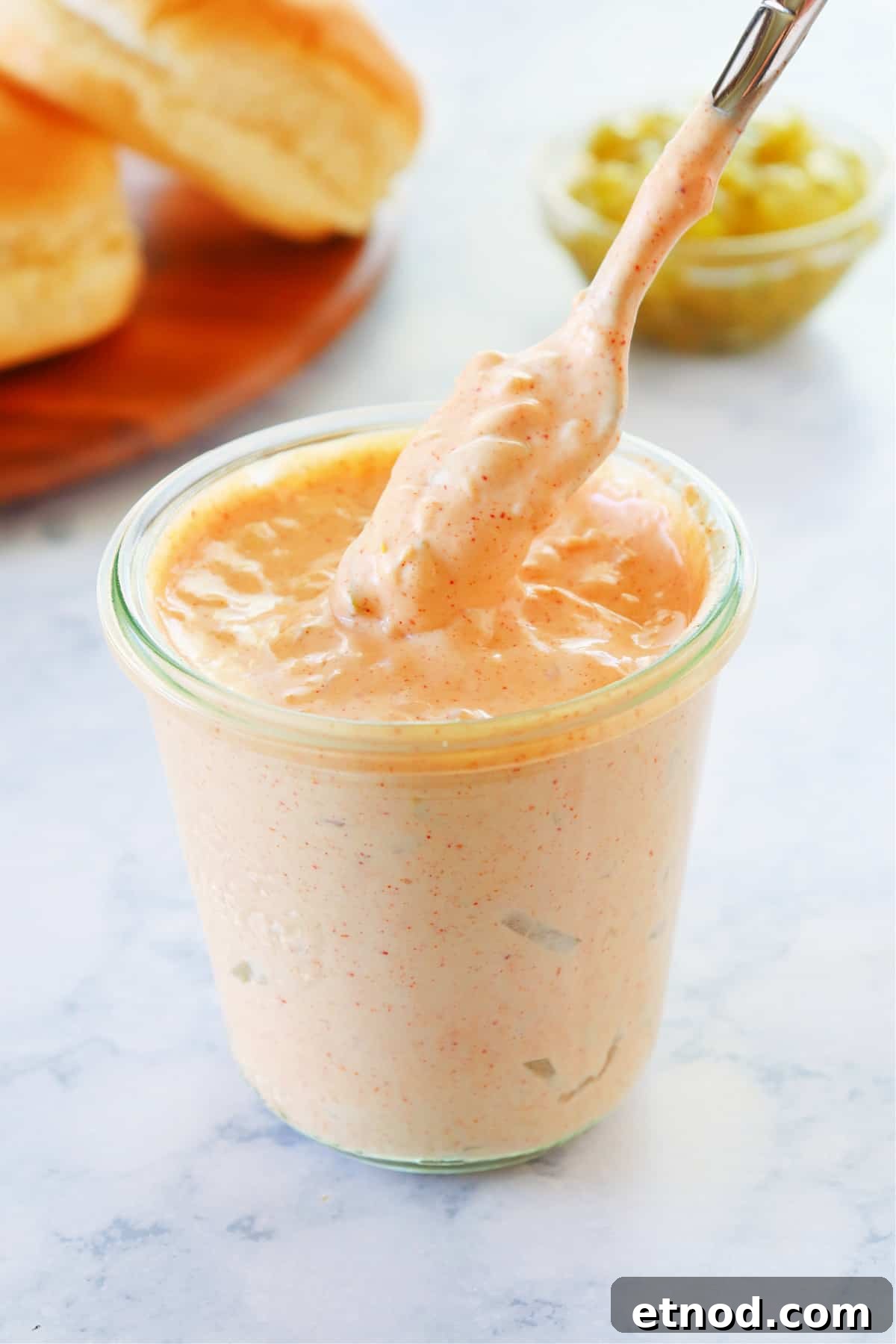 Big Mac Sauce copycat recipe Big mac sauce in a glass jar.