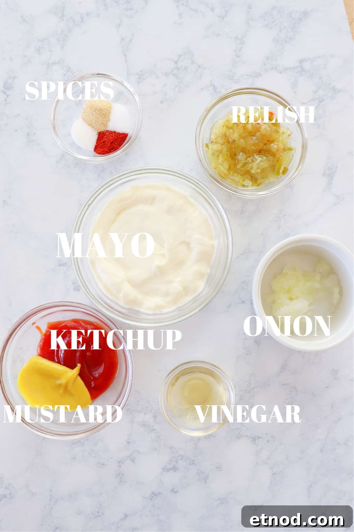 Big Mac sauce ingredients Ingredients for big mac sauce on a marble board.