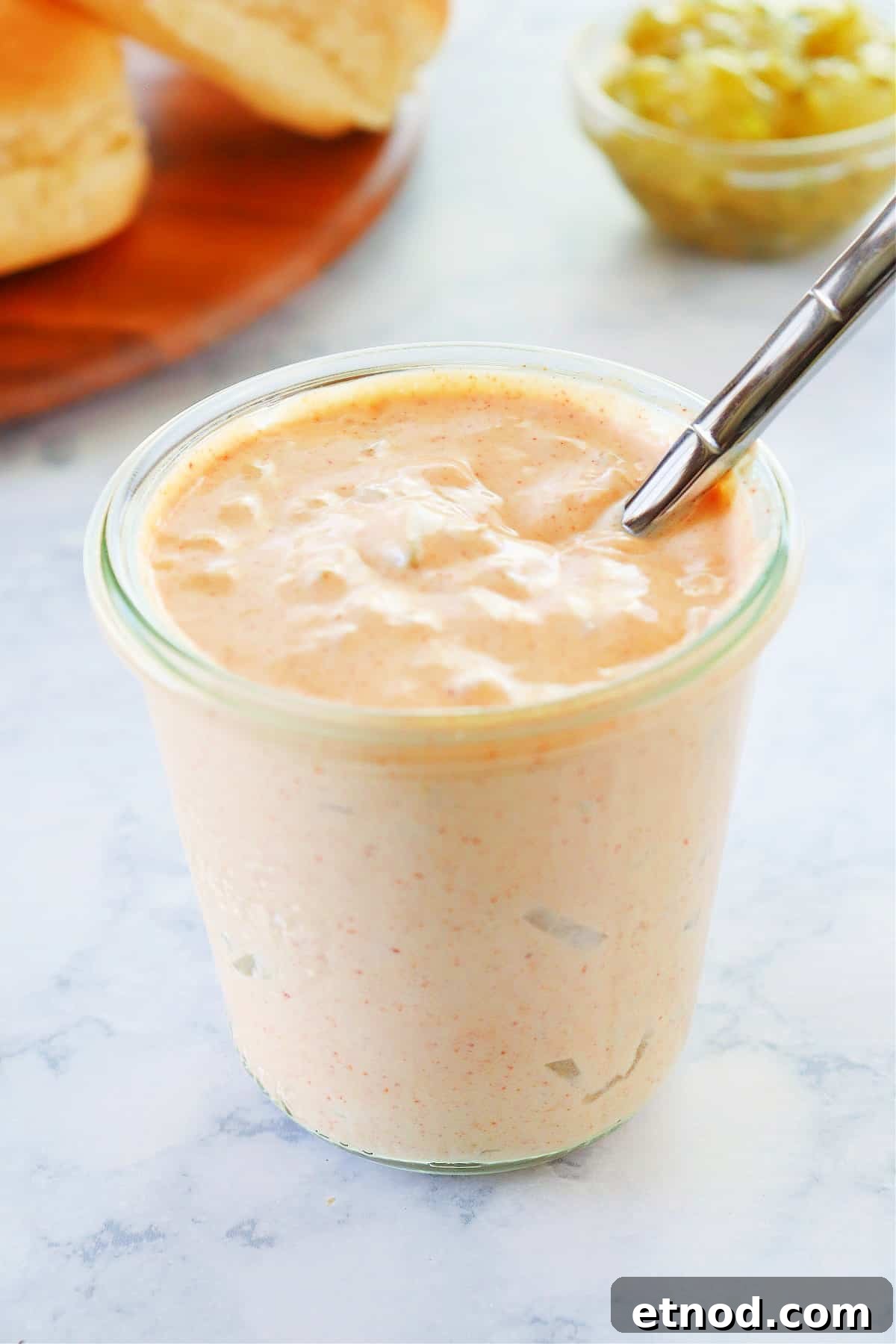 Big Mac Sauce from scratch Big Mac sauce in a jar with spoon.