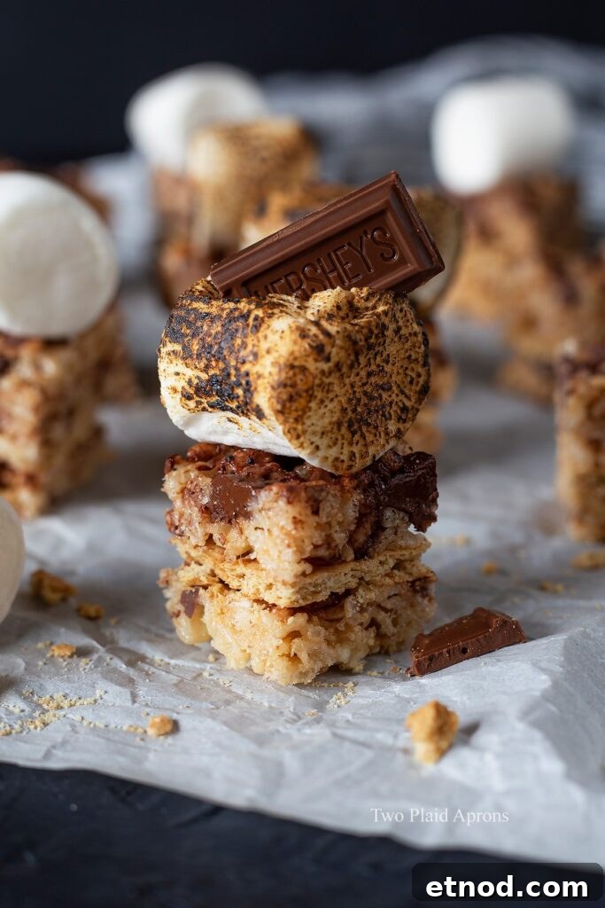 Up close view of s'mores rice krispies topped with toasted marshmallow and Hershey.