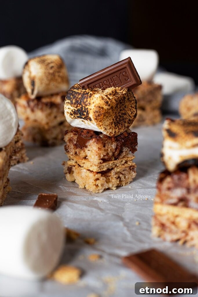 S'mores rice krispies topped with toasted marshmallow and Hershey.