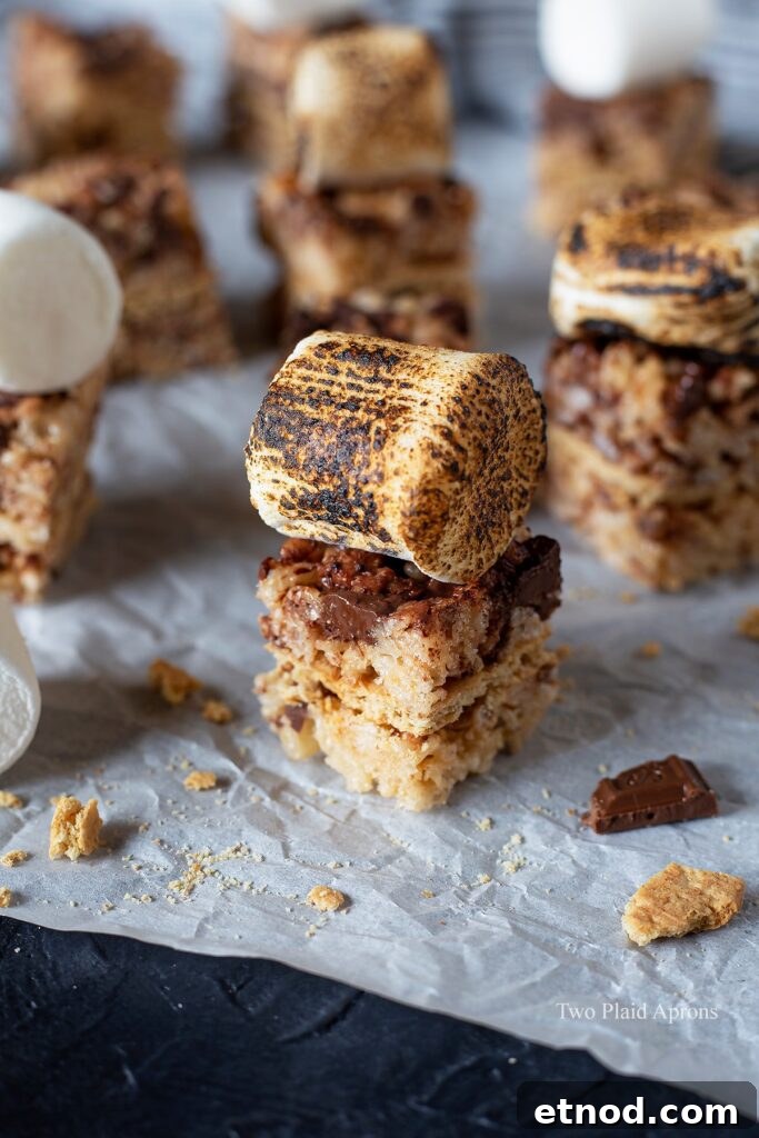 Toasting marshmallows on top of s'mores rice krispie treats.
