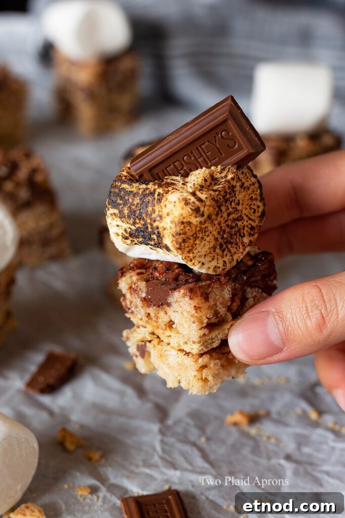 Picking up a s'mores rice krispie treat.