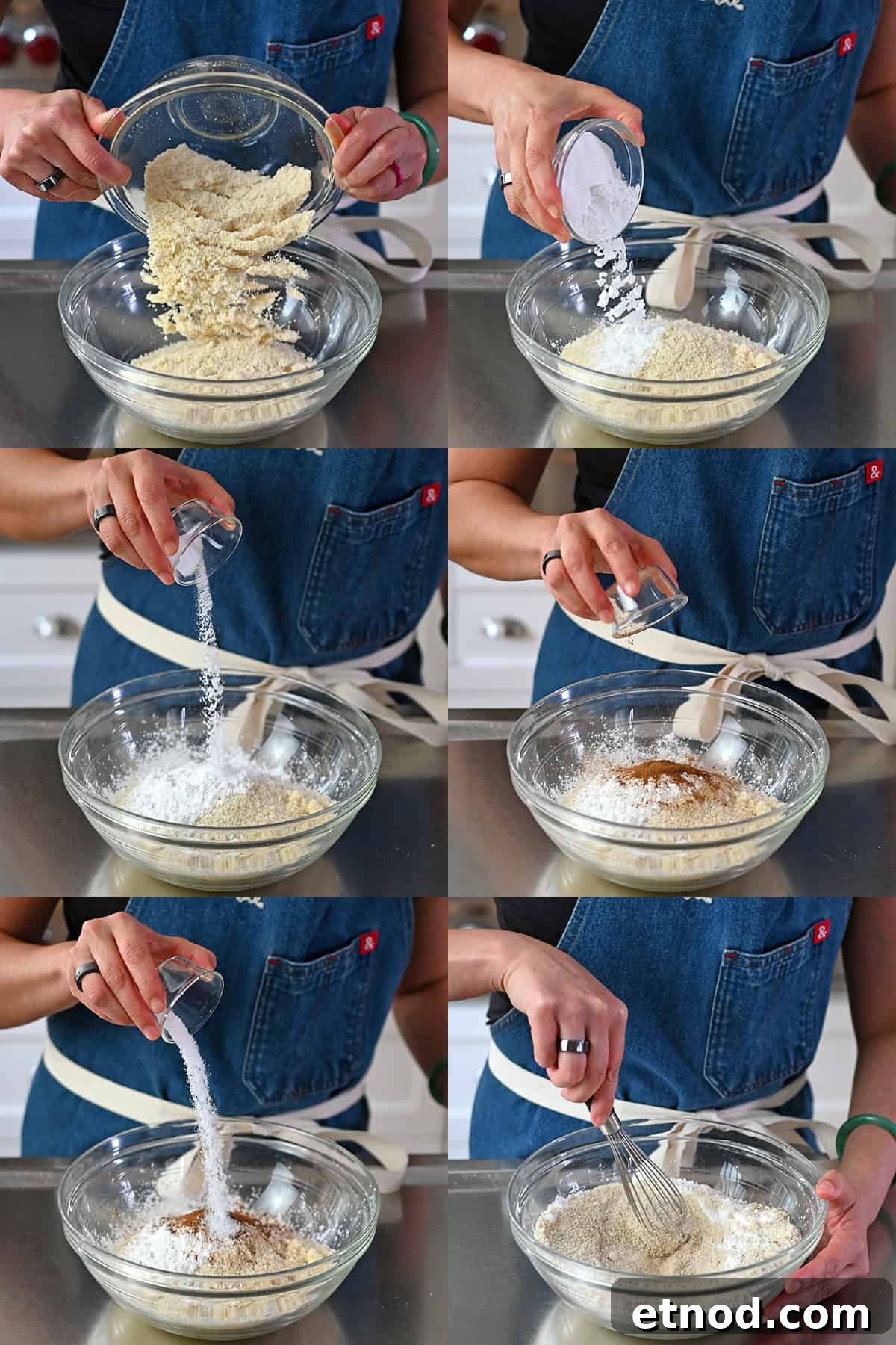 Soft Banana Chocolate Chip Cookies — Paleo Grain-Free Recipe 5 Six sequential photos that show someone combining the dry ingredients to make paleo banana cookies in a glass bowl.