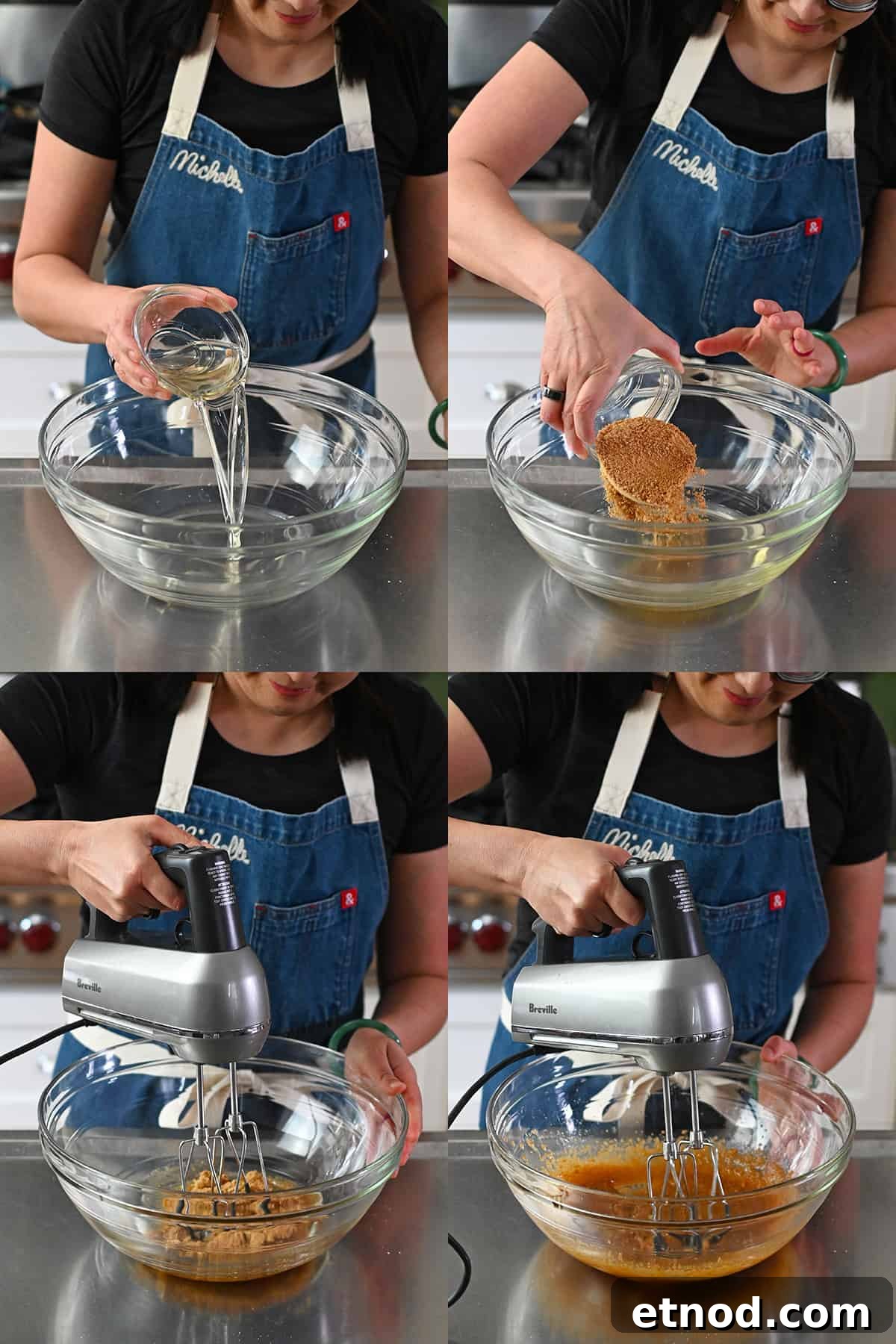 Soft Banana Chocolate Chip Cookies — Paleo Grain-Free Recipe 6 Four sequential photos that show someone combining melted coconut oil and coconut sugar in a glass bowl and mixing it together with an electric hand mixer.