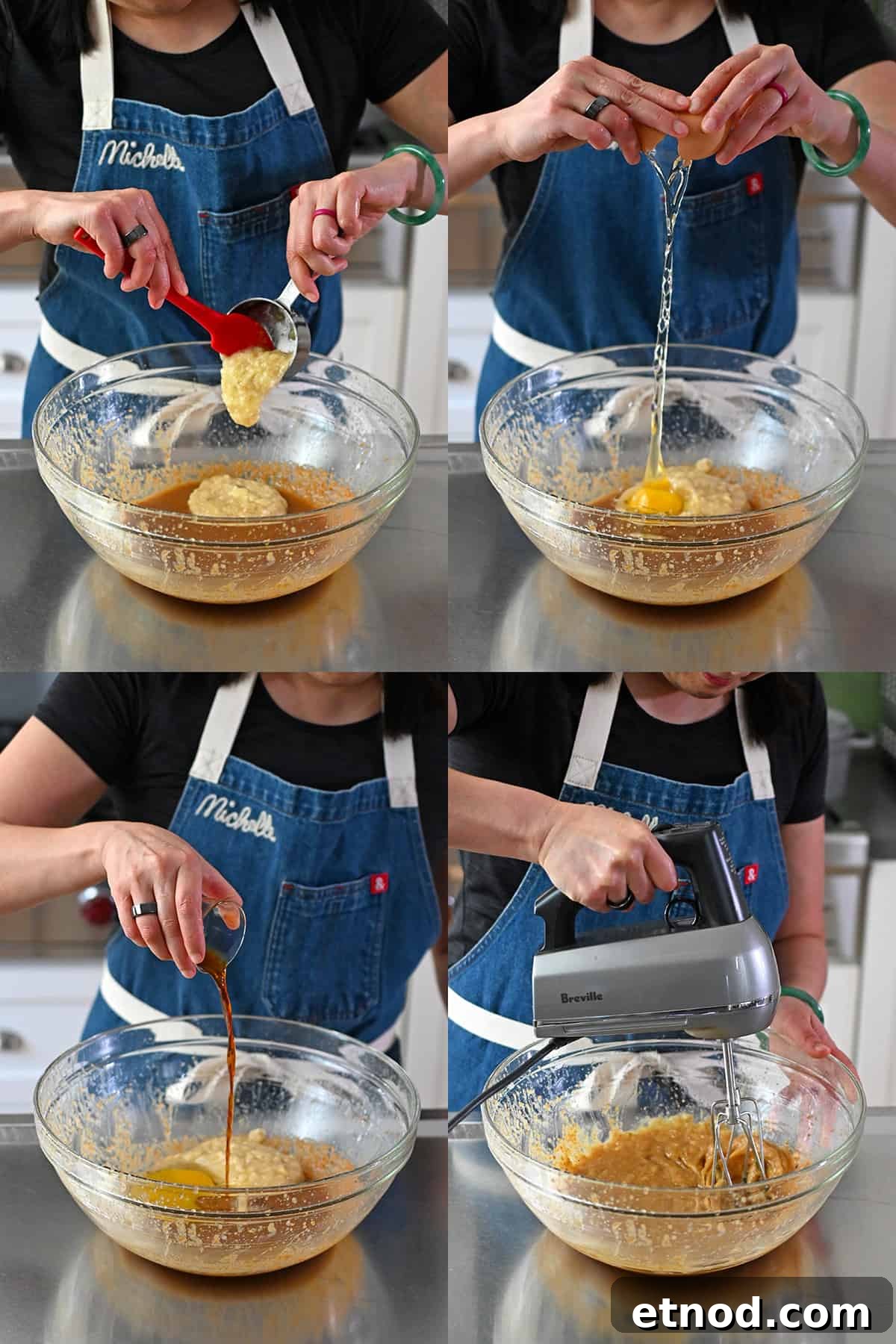 Soft Banana Chocolate Chip Cookies — Paleo Grain-Free Recipe 7 Four sequential photos that show someone adding mashed banana, a raw egg, and vanilla to a bowl of paleo banana cookies batter and mixing it all together with an electric hand mixer.