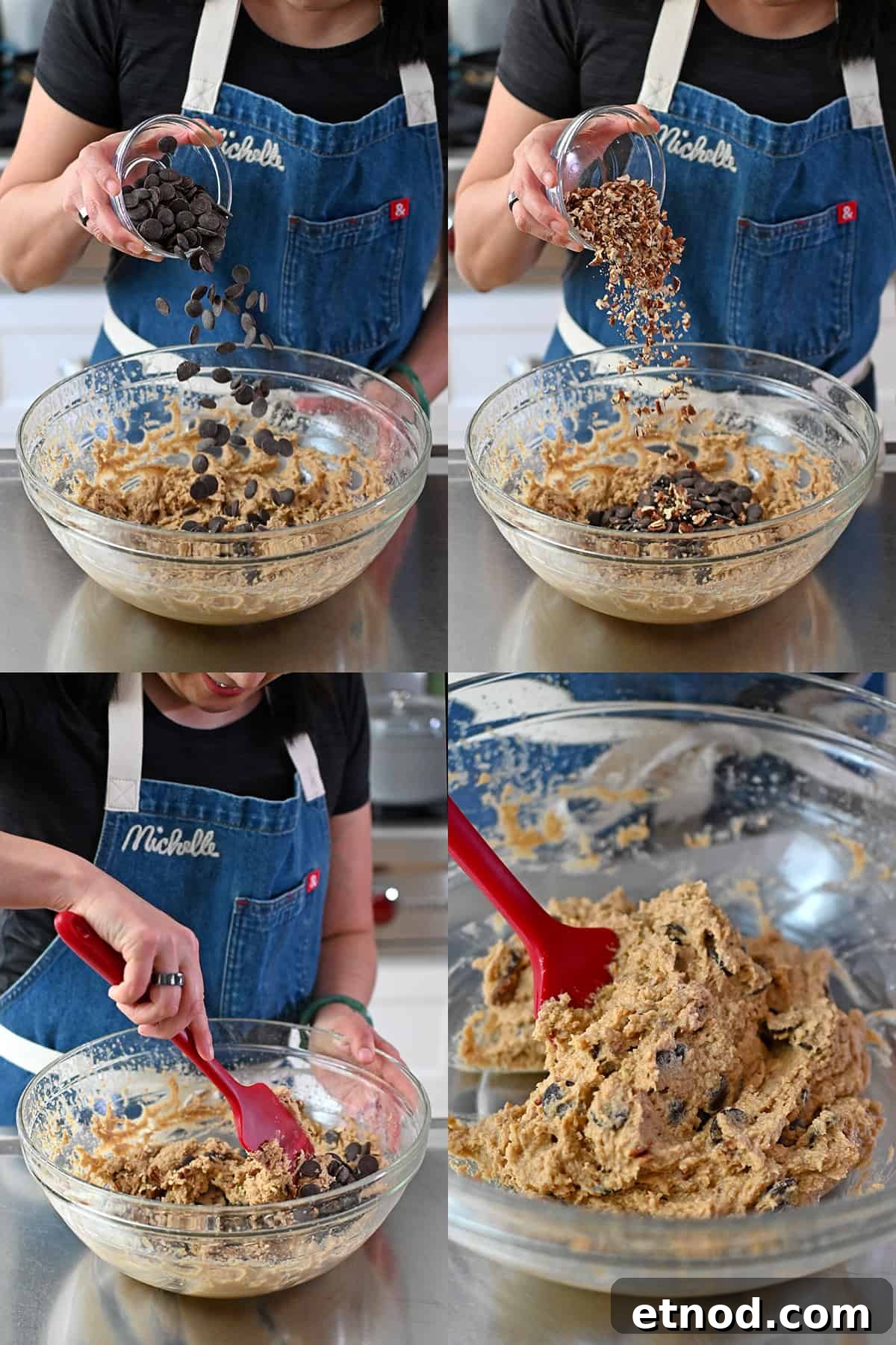 Soft Banana Chocolate Chip Cookies — Paleo Grain-Free Recipe 10 Four sequential photos that show someone adding chocolate chips and chopped nuts to a bowl filled with banana cookies batter and mixing it in with a red silicone spatula.