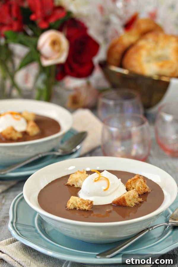Chocolate Soup With Croissant Croutons and Whipped Creme Fraiche | From SugarHero.com