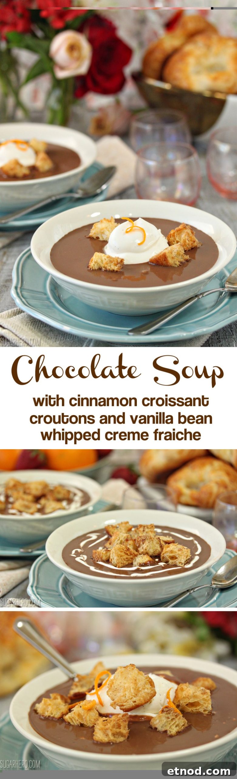 Chocolate Soup with Cinnamon Croissant Croutons and Whipped Vanilla Bean Creme Fraiche | From SugarHero.com