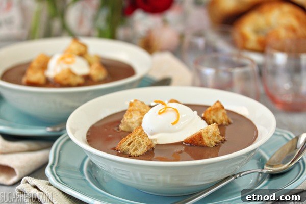 Chocolate Soup With Croissant Croutons and Whipped Creme Fraiche | From SugarHero.com