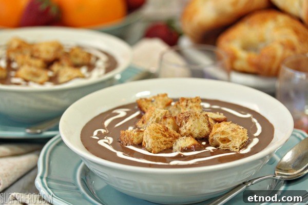 Chocolate Soup With Croissant Croutons and Whipped Creme Fraiche | From SugarHero.com