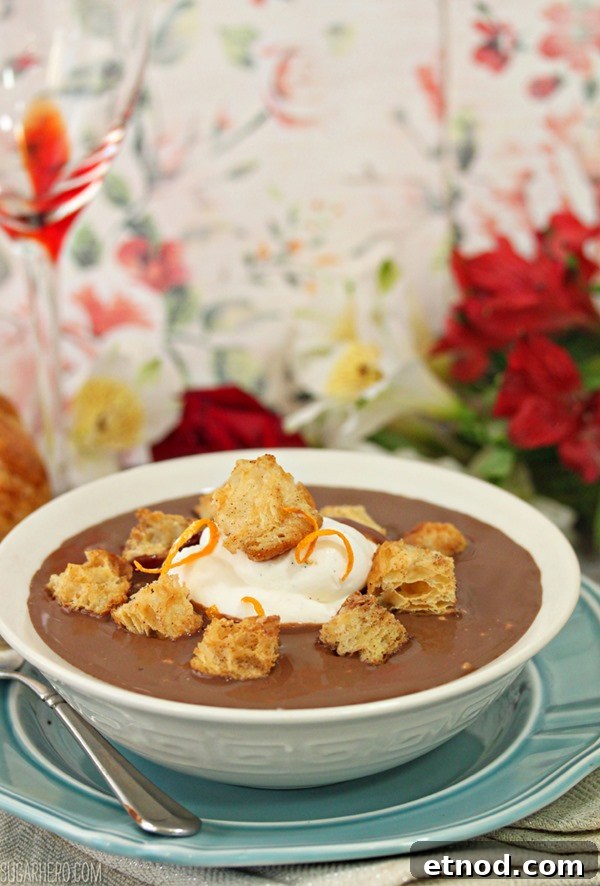 Chocolate Soup With Croissant Croutons and Whipped Creme Fraiche | From SugarHero.com