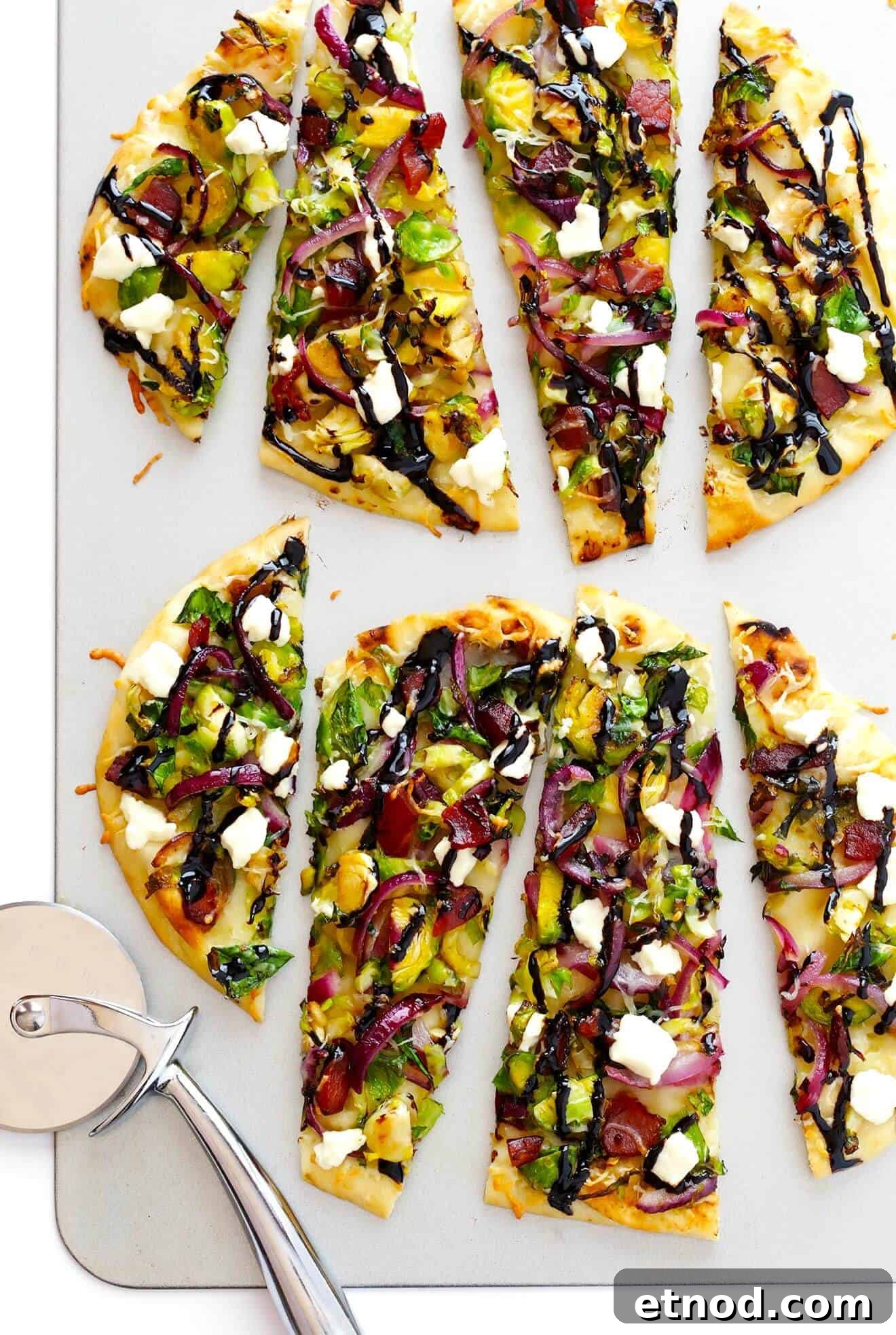 Crispy Bacon and Brussels Sprouts Flatbread Recipe 2 Brussels Sprouts, Bacon and Balsamic Flatbread Pizzas -- ready to go in less than 30 minutes, and so delicious! | gimmesomeoven.com