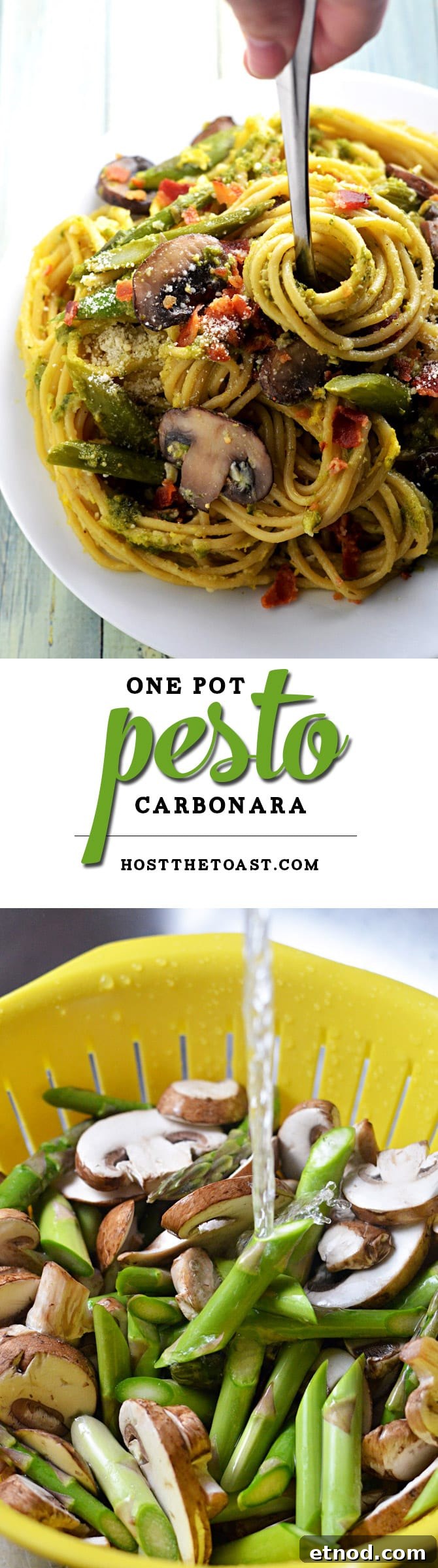 One-Pot Pesto Carbonara Recipe for Quick Weeknight Meals 2 One Pot Pesto Carbonara. This one pot pasta recipe incorporates asparagus, mushrooms, eggs, bacon, and pesto! Perfect for spring! | hostthetoast.com