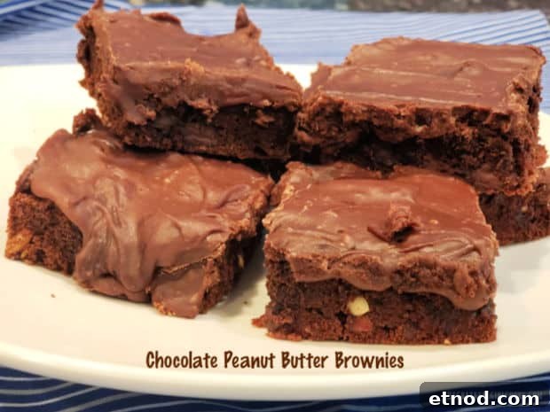 Chocolate Peanut Butter Brownies - The Grateful Girl Cooks! Chocolate Peanut Butter Brownies are filled with chopped peanuts, chocolate chips and peanut butter, and are absolutely delicious!