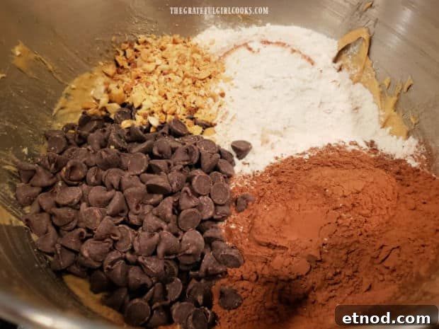 Chocolate Peanut Butter Brownies - The Grateful Girl Cooks! Cocoa powder, chocolate chips, flour, salt and peanuts are stirred into the brownie batter.