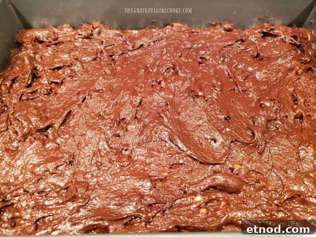 Chocolate Peanut Butter Brownies - The Grateful Girl Cooks! The batter for chocolate peanut butter brownies is spread into a greased cake pan.