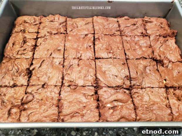 Chocolate Peanut Butter Brownies - The Grateful Girl Cooks! After baking, the chocolate peanut butter brownies are cut while still hot into 24 portions.