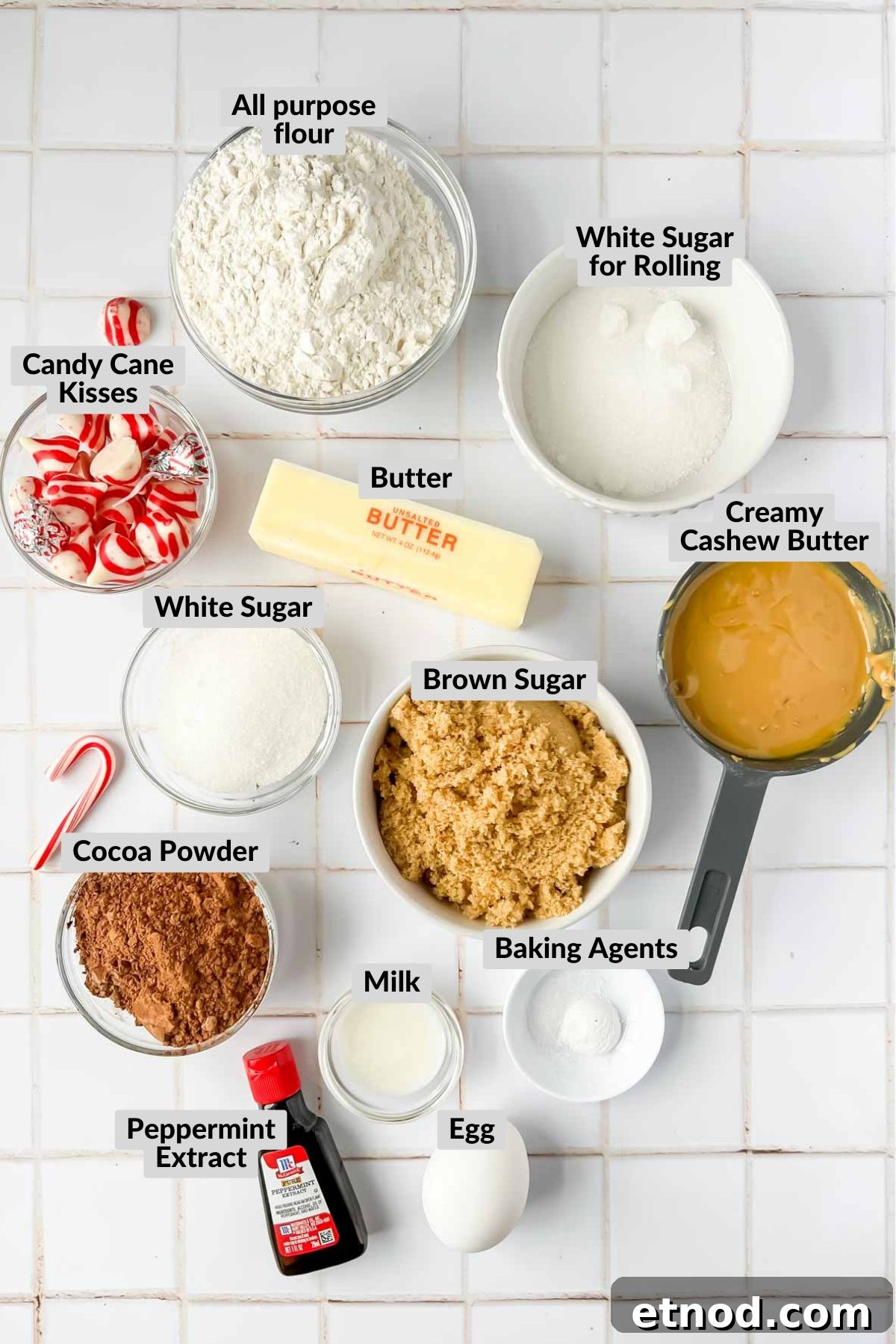 Chocolate Peppermint Kiss Cookies Recipe for Holiday Baking 3 ingredients for chocolate peppermint kiss cookies on white tile background.