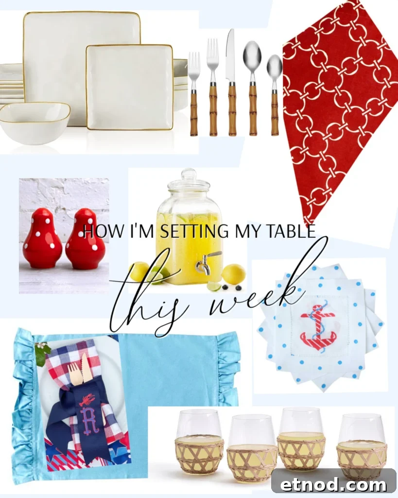 Plates. napkins, glasses and silverware showing how to set the table this week with products to purchase or inspire.