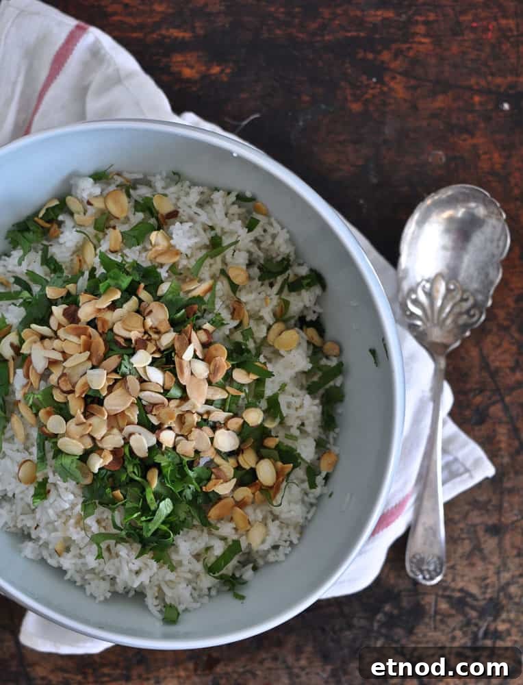 This coconut-cilantro rice is an easy and delicious gluten-free side dish made with coconut milk and topped with fresh cilantro and toasted almonds. Coconut Cilantro Rice Recipe