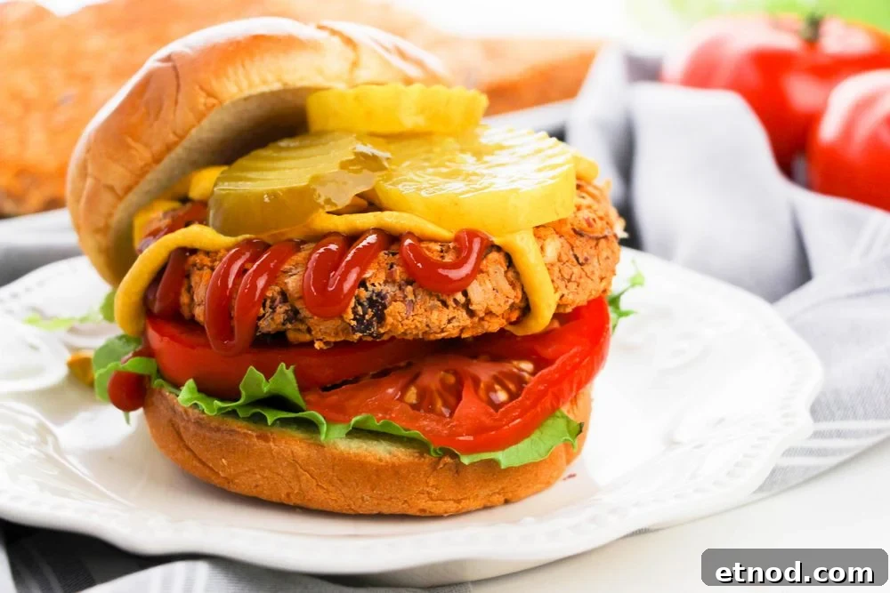 bean burger on bun with condiments vegan