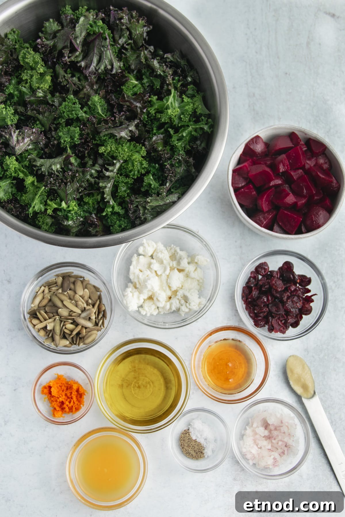 Kale Salad with Roasted Beets and Orange Vinaigrette 3 This is a picture of all the ingredients used to make this kale salad.