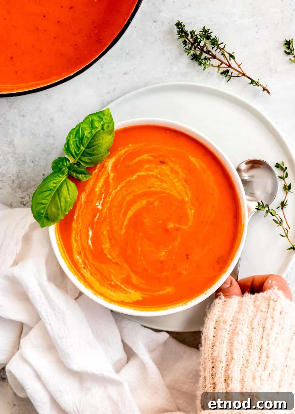 Creamy Roasted Red Pepper Soup with Garlic and Basil 16 bowl of red pepper and tomato soup