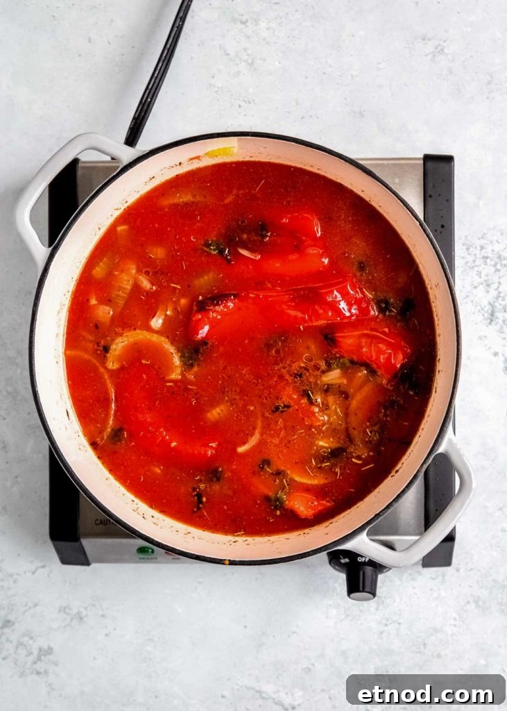 Creamy Roasted Red Pepper Soup with Garlic and Basil 9 roasted peppers, onion, and garlic added to sauteed vegetables and broth