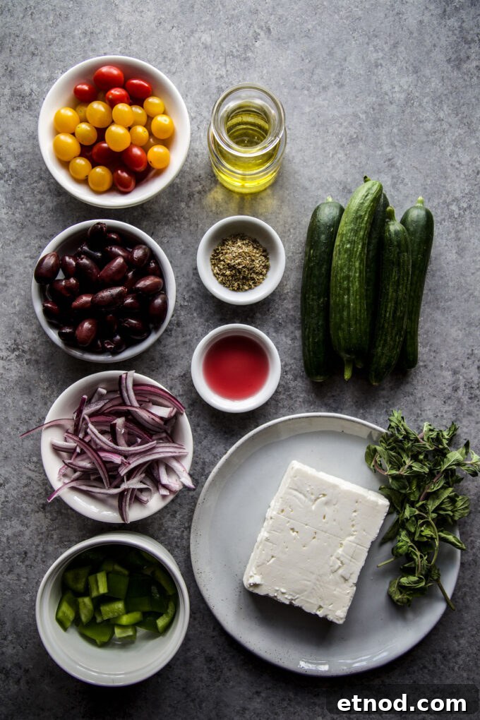 15-Minute Greek Salad with Feta and Olive Vinaigrette 4 ingredients used to make the greek feta salad