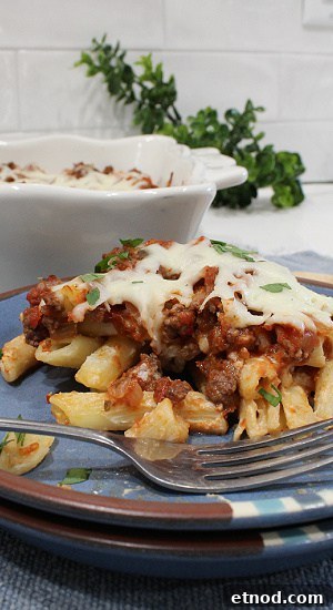 Cheesy penne pasta with a ground beef meat sauce topped with cheese.