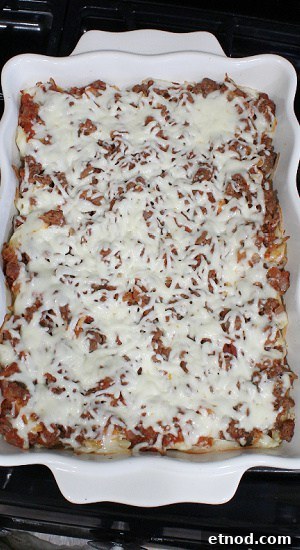 A 13 x 9" dish full of a hearty, Italian play on traditional lasagna.