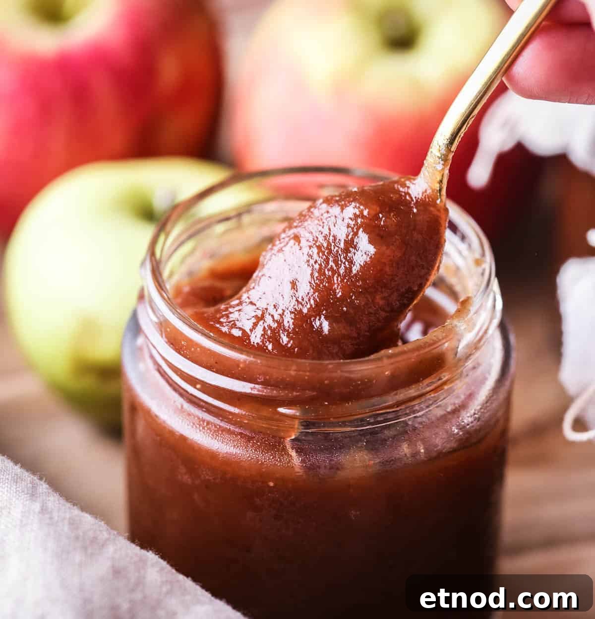 Homemade Oven-Baked Apple Butter Recipe for Spreads & Gifts 12 A spoon of richly glossy thick apple butter scooped out from jar.