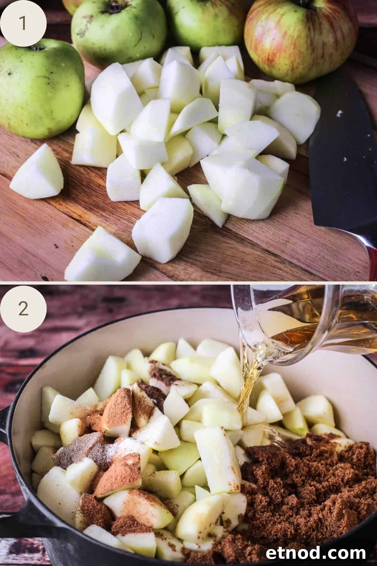 Homemade Oven-Baked Apple Butter Recipe for Spreads & Gifts 5 Apples peeled, cored and roughly chopped. Added to preserving pan with rest of ingredients.