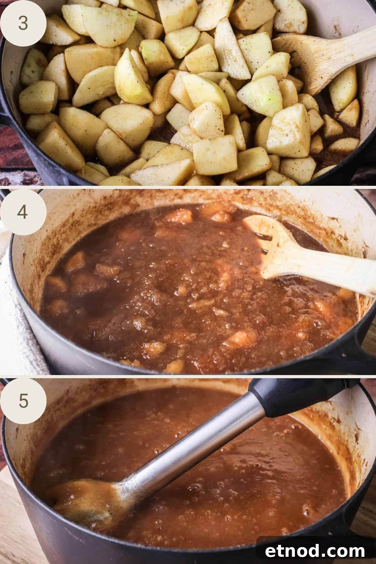 Homemade Oven-Baked Apple Butter Recipe for Spreads & Gifts 6 Apples in a preserving pan with the rest of the ingredients, after cooking and after blending.