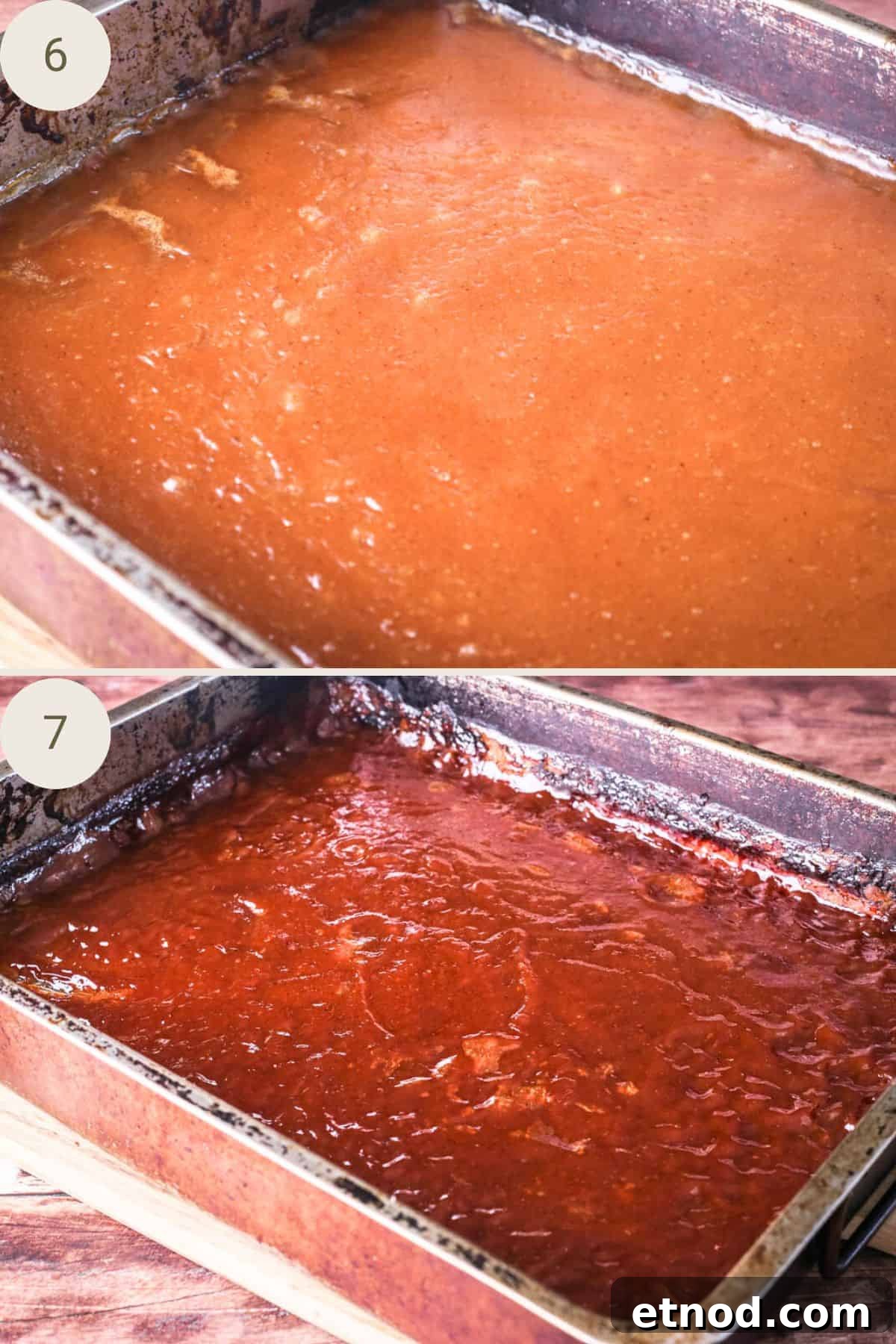 Homemade Oven-Baked Apple Butter Recipe for Spreads & Gifts 7 Apple butter in roasting dish before and during the oven-bake showing the darkening of colour and the thickening of the sauce.