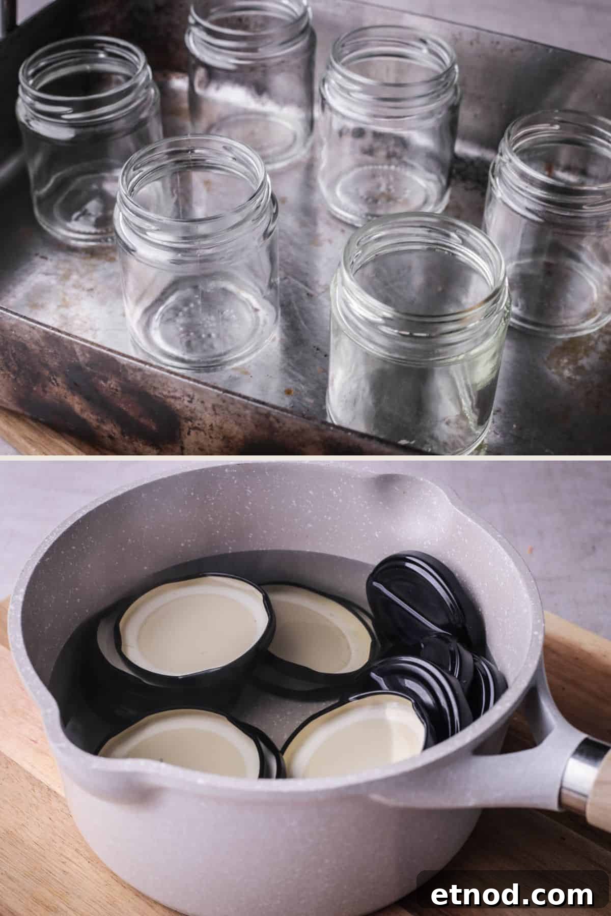 Homemade Oven-Baked Apple Butter Recipe for Spreads & Gifts 8 Jars in a baking tin for the oven to be sterilised. Lids in a saucepan of water to be sterilised.