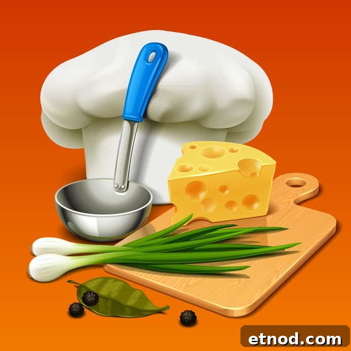 Creamy Cheese Chicken Dinner Recipe with Garlic Herb Sauce 3 graphic of countertop with chef hat